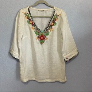 Soft Surroundings Linen Boho Embellished Deep V-neck Pullover Tunic Top